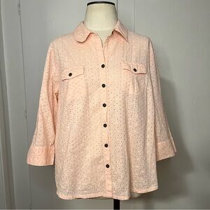 Croft & Barrow Petite Cotton Peach Eyelet Casual Button Down Collared Blouse